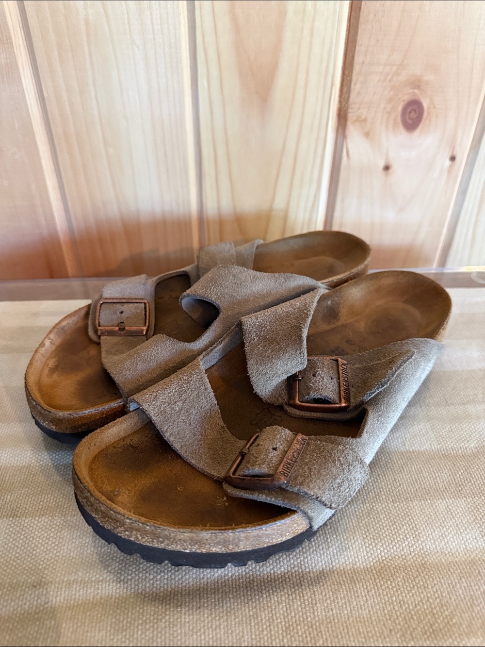 Birkenstock Two-Strap Sandals Taupe Suede Size 41